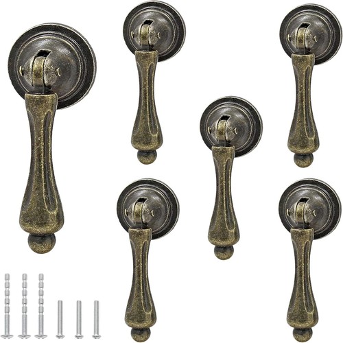 6x Antique Brass Drawer Pulls Handles Teardrop Vintage Cabinet Knobs