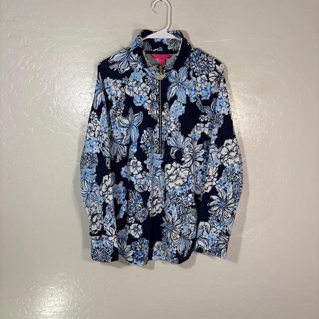 Lilly Pulitzer Jacket Womens Large Blue Floral Full Zip Lightweight Stretch