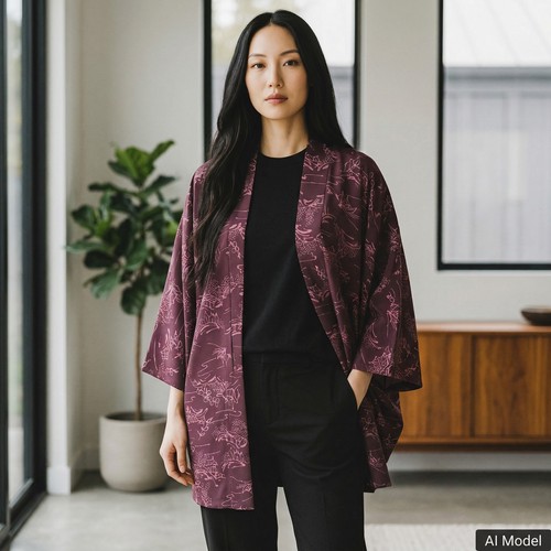 Unbranded Haori Kimono Jacket Womens One Size Purple Pink Scenic Print Cardigan