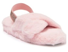 Bebe Girls Faux Fur Cross Strap Slippers Size L 2/3 Pink Cozy Slides