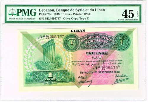 Lebanon: 1 Livre 1.9.1939 Pick 26c. PMG Choice Extremely Fine 45 EPQ. - Picture 1 of 2