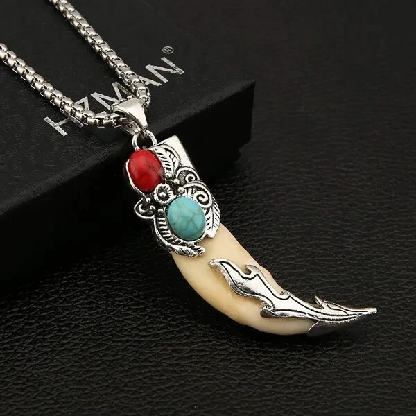 Tiger's Tooth Pendant Necklace, Onyx Lapis Bone Coral Turquoise Men's/Woman's - Image 4 of 4