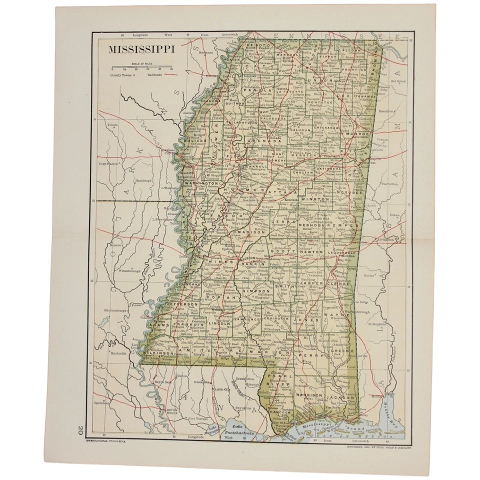 MAPA DE MISSISSIPPI 1891 ANTIGUO A TODO COLOR FERROCARRIL MONTAÑA ERA VICTORIANA SONIDO Foto 2 de 2
