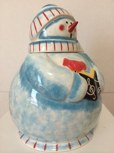 Ceramic Hand Painted Cookie Jar Blue Snowman 12" Tall w Lid Winter Lifestyles - Picture 7 of 11