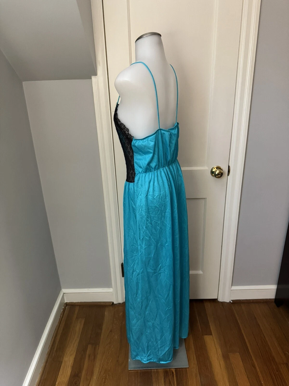 UNDERCOVER Camicia da notte donna vintage sottocoperta blu nero pizzo pullover spalline spaghetti L