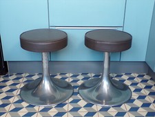 PAIRE 2 TABOURET PIED TULIPE 1970-80-Métal-Skaï brun-vintage-DESIGN 70