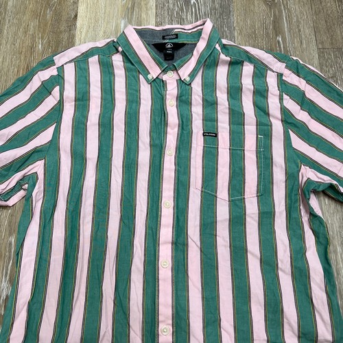 VOLCOM Modern Fit Button Down Green Striped Casual Shirt Men's Size Large - Picture 4 of 8