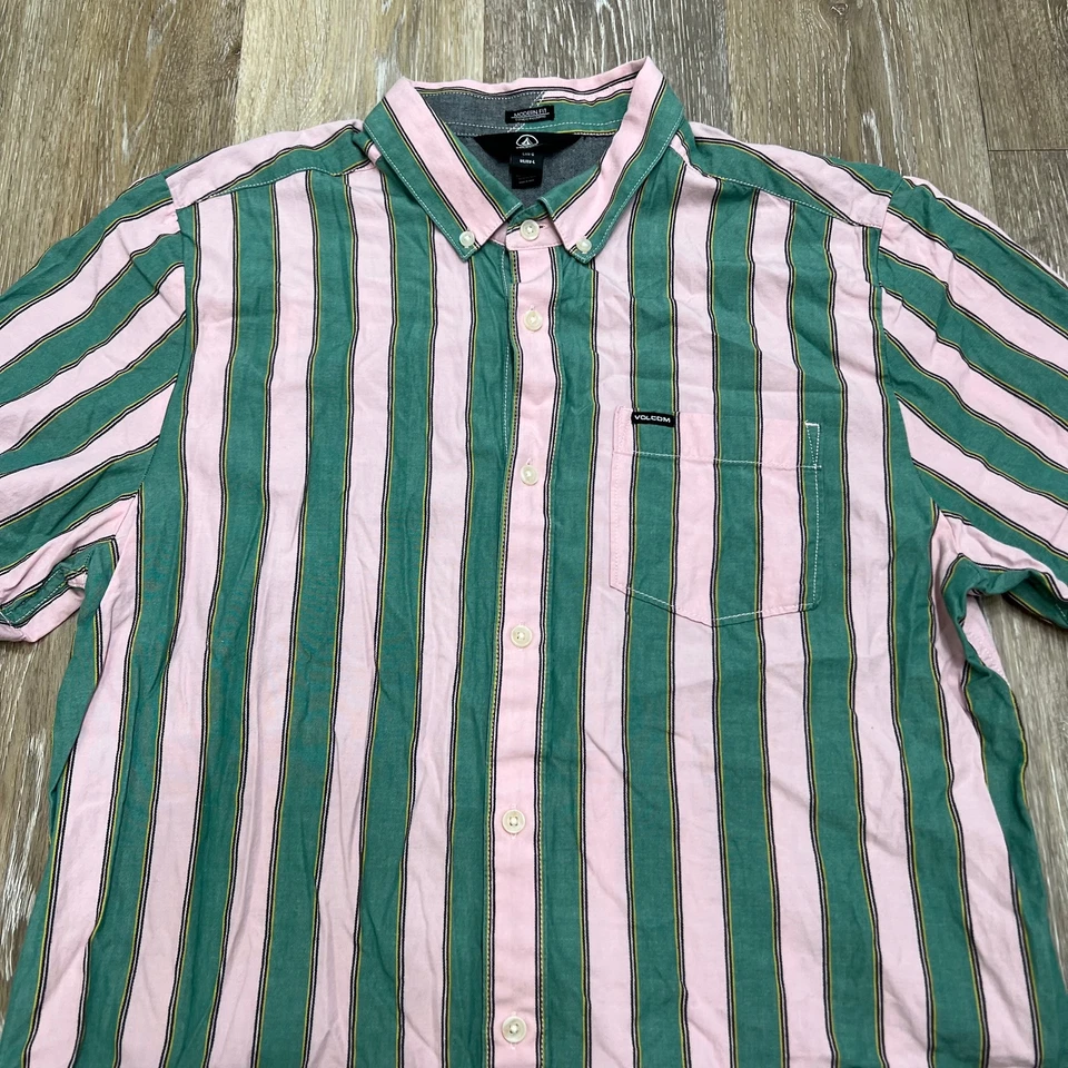 VOLCOM Modern Fit Button Down Green Striped Casual Shirt Men's Size Large - Image 4 of 4