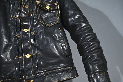 Herren 506xx Typ 1 Stil Slim Fit Plissee Bitak Horsehide Leder Trucker Jacke - Bild 13 von 17