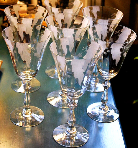 Vtg Set 7 HUNTINGTON OPTIC CRYSTAL Water Goblets FROSTED DRAPED LEAVES c1931