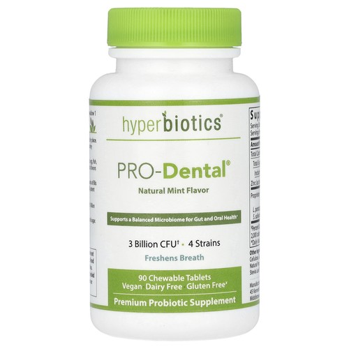 Hyperbiotics PRODental Natural Mint Flavor 90 Chewable Tablets Gluten