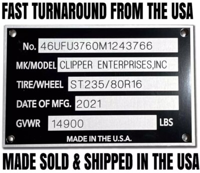 ENGRAVED 5 LINE TRAILER ID DATA PLATE NUMBER DATA TAG NAMEPLATE