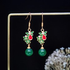 Jade Bead Earrings Stone Women 925 Silver Charm Energy Jewelry Natural Green