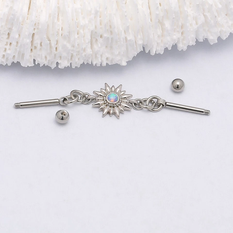 Barra industrial de acero inoxidable con flor de sol 16G piercing ópalo oreja joyería Foto 3 de 4