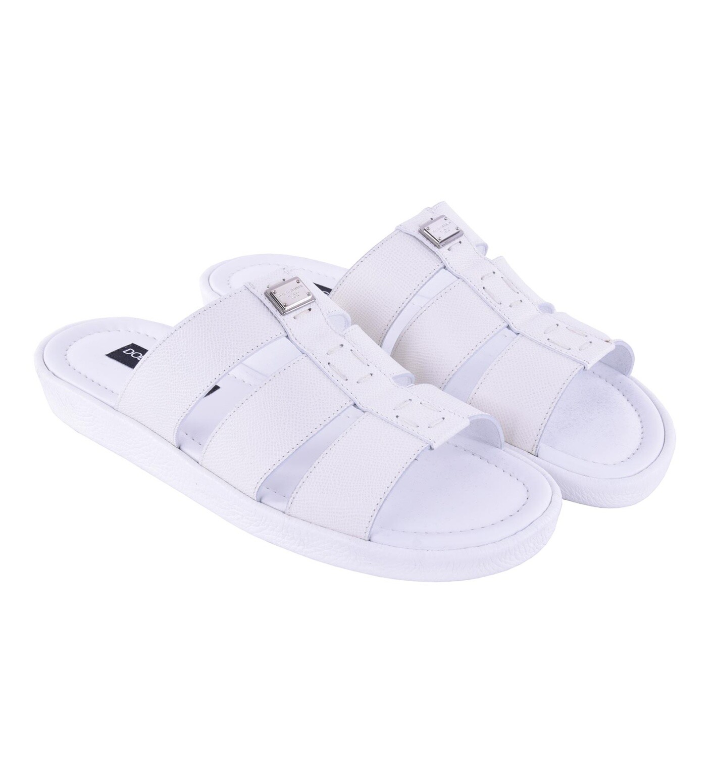 DOLCE & GABBANA Dauphine Leather Slide Sandals Shoes MEDITERRANEO White 05219