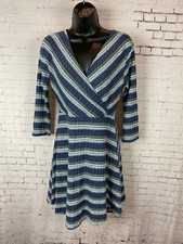 Miami Dress Medium Women's Blue Knit Striped Fit & Flare Mini Wrap Front (EAD)
