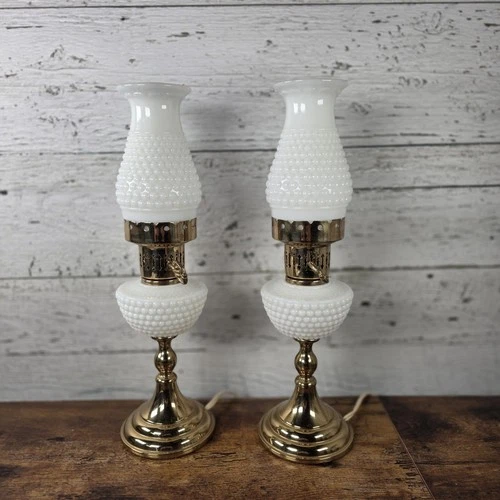 2 Vintage 1950’s MCM Milk Glass Boudoir Parlor Hobnail Lamps Set 14¼"