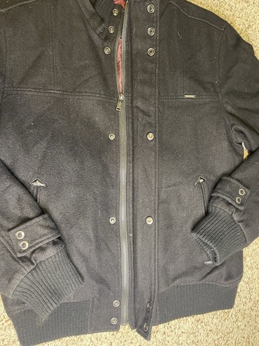 GUESS Wool Bomber Red Lined Jacket Coat Black Men's Size Medium Minor FLAWS - Picture 7 of 12