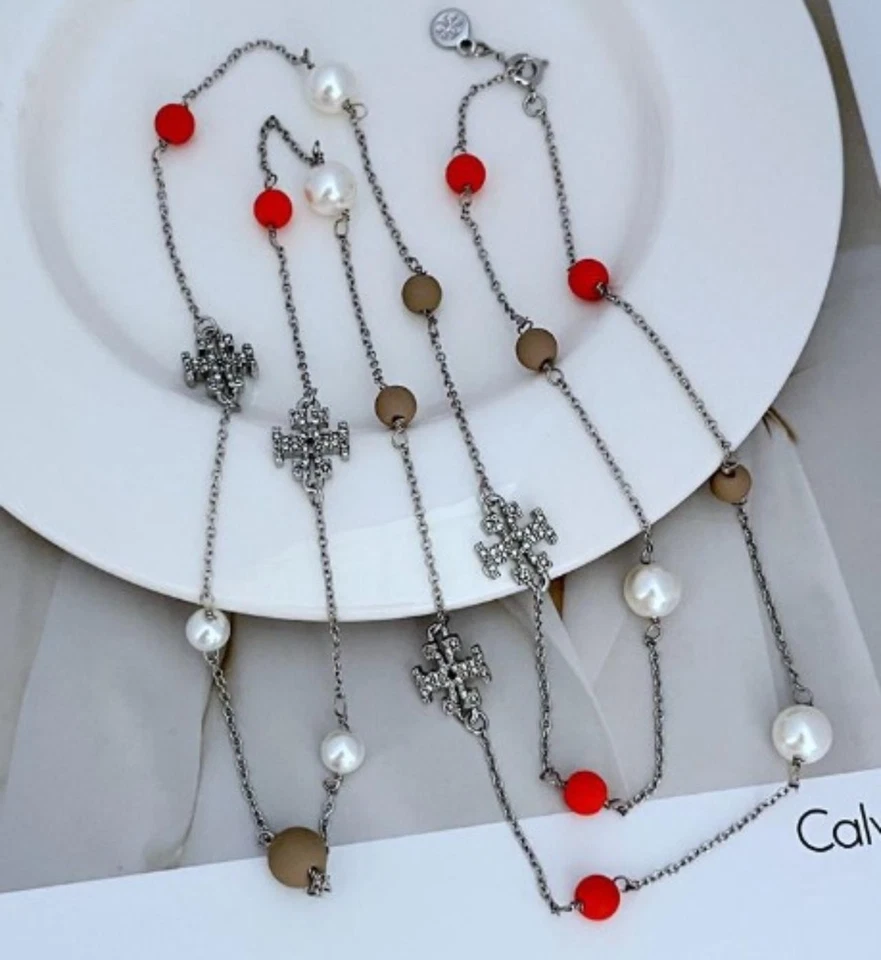 New! Tory Kira Silver And Pearl And Red Bizu Long Necklace with Pouch 98Cm - Image 3 of 3