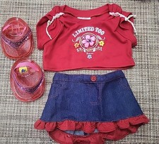Build A Bear Red Flower Shirt, Jean Skirt, With Sparkle Sandles Teddy Outfit