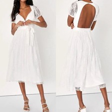 NWT Lulu's Puff Sleeve Lace Open Back Midi Dress in White - L