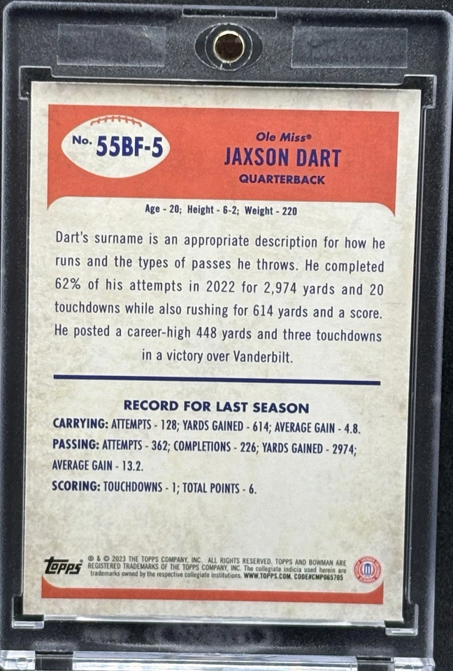 Tarjeta de inversión refractor novato raro Jaxson Dart SSP BOWMAN NFL DRAFT COMO NUEVA Foto 2 de 2