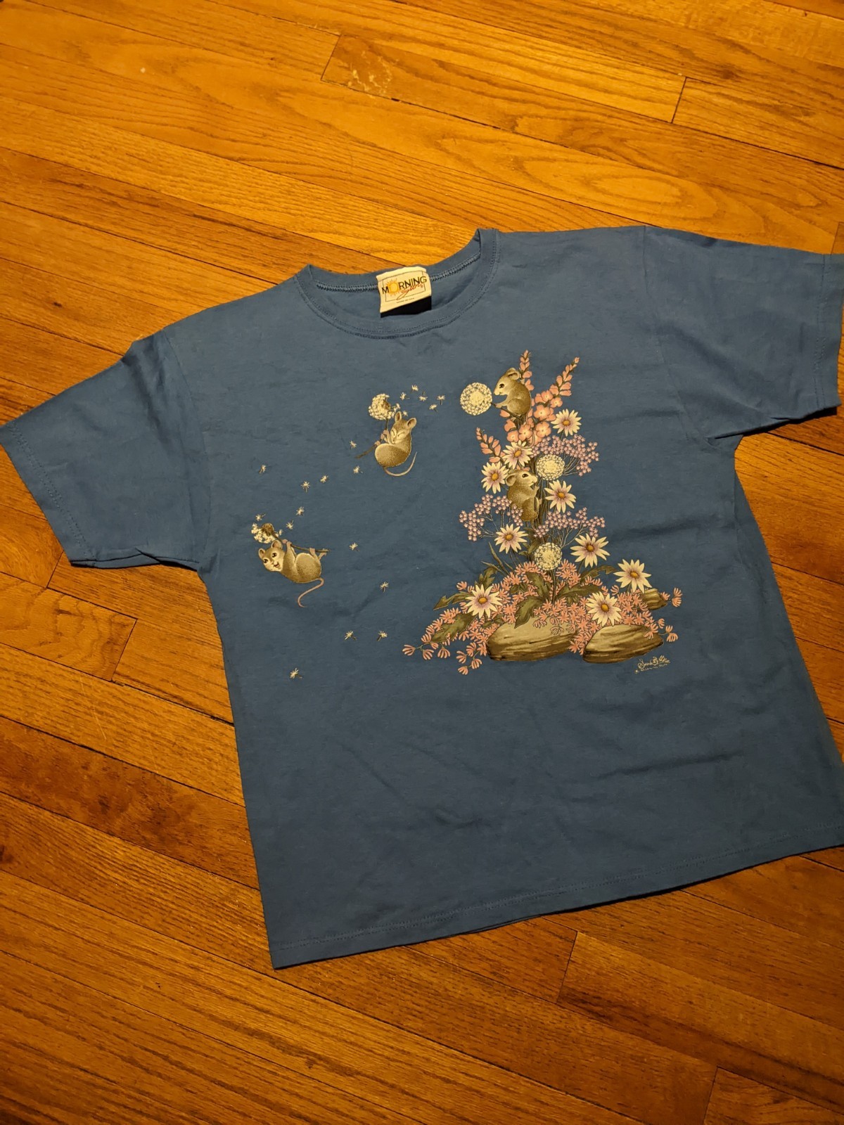 Vintage 90s Morning Sun Women's Mice Flowers Cute Nature Blue T-shirt sz M