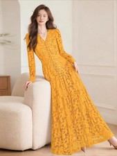 Spring Yellow French Luxury Lace Embroidered Dress Womens Long Sleeve Long Dress