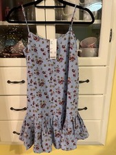 Nwt Urban Outfitters Xs Light Blue Camille Mini Dress Floral Pattern Ruffle Hem