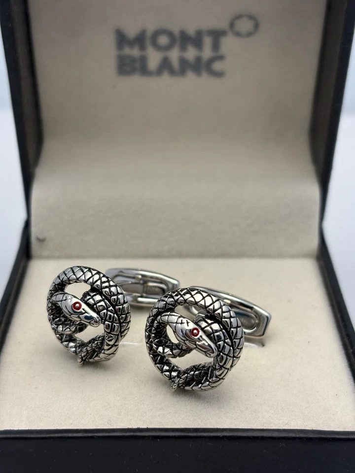 Juego de gemelos Montblanc serpiente ojos rojos plateados joyería de lujo para hombre en caja Foto 3 de 4