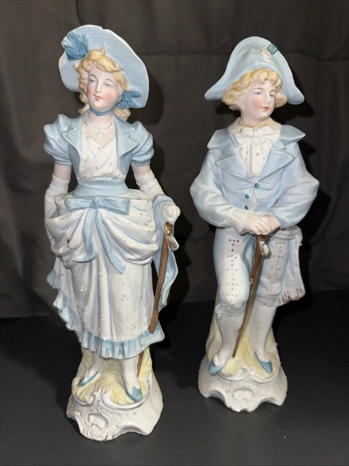 "Estatuillas bisque alemanas pareja señora caballero bastones 10,5"" niño azul" Foto 3 de 4