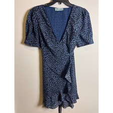 Lily Rain Blue Leopard Print Wrap Ruffle Hem Mini Dress Women's Size L