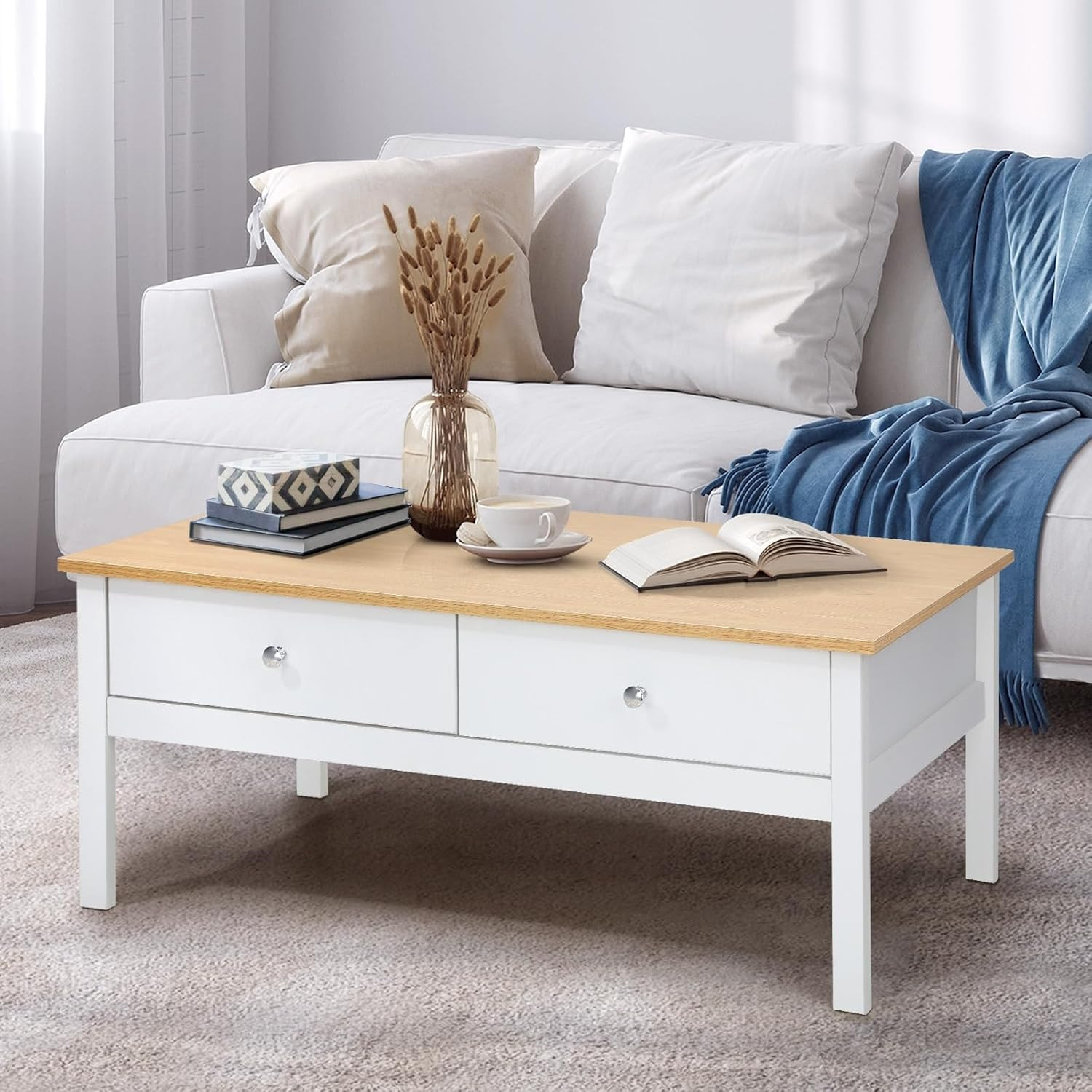 Coffee Table with 2 Storage Drawers Sofa Cafe Desk Natural White