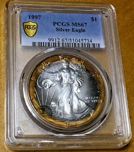 1997 Silver Eagle $1 Beautiful Target Rainbow Ring PCGS MS67 - Fresh Holder