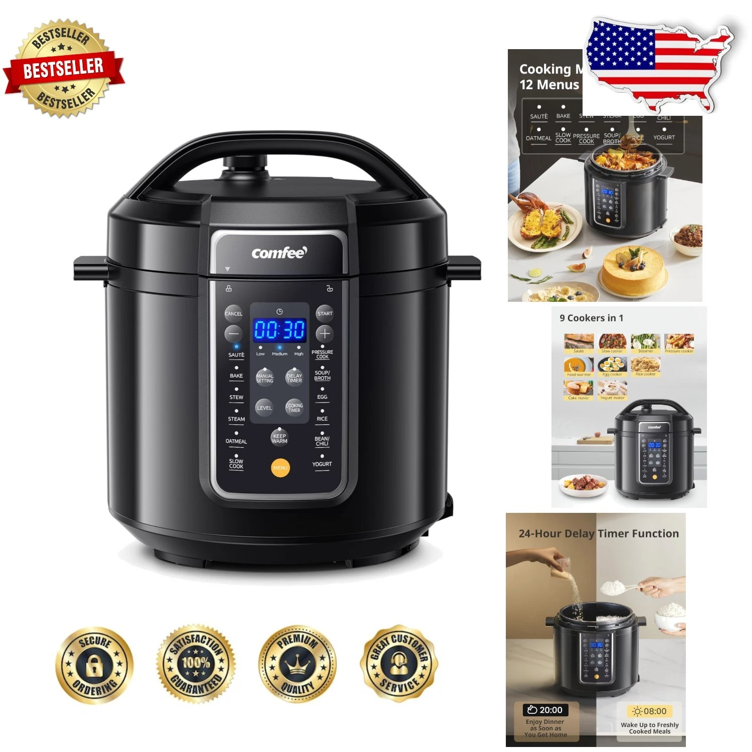 COMFEE 6 Qt Electric Multi Cooker: 14 Presets, Programmable, Delay Timer, Black