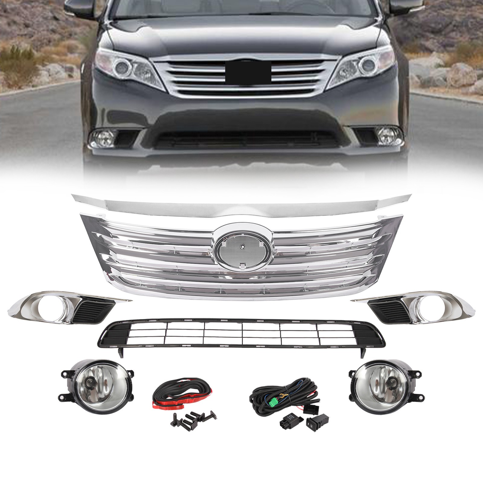 Front Upper Lower Grille With Fog Lamps+Covers 7Pcs For 2011-2012 Toyota Avalon