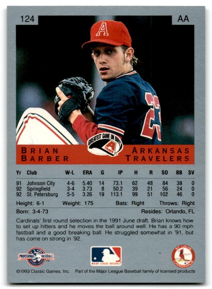 1993 Classic Best Brian Barber Arkansas Travelers #124 - Image 2 of 2