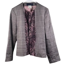 Harve Benard Size 12P Blazer Jacket Wool Shoulder Pads Grey Plaid Pink Floral