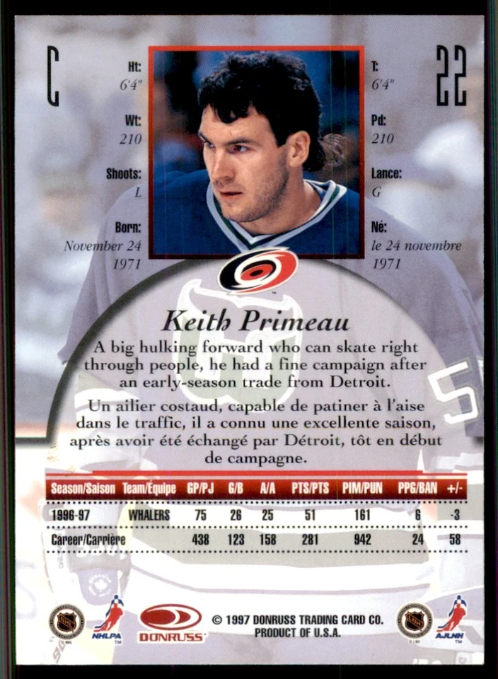 1997-98 Donruss Canadian Ice #22 Keith Primeau Carolina Hurricanes - Image 2 of 2