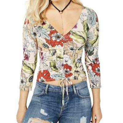 Guess Erie Top S Small Floral Crop V Neck Stretch 3/4 Sleeve 2000's Style