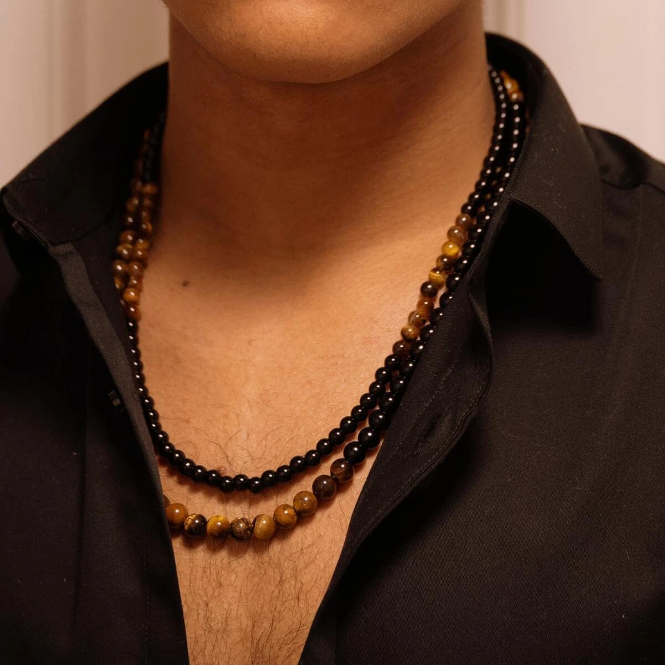 Collar de piedra para hombre negro marrón ónix 6, 8 mm cadena protectora regalo K5619D Foto 4 de 4