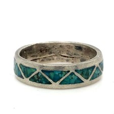 Vintage Signed Sterling Native American Inlaid Chip Turquoise Stone Ring size 8