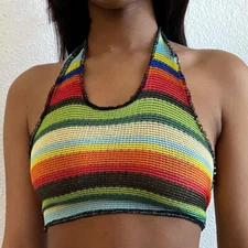 Rainbow Knitted Halter Top Hippie Summer Casual Sleeveless Backless Tank Shirt