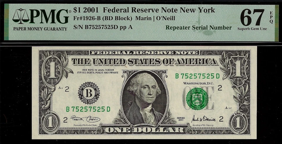 2001 $1 Federal Reserve Note Repeater PMG 67EPQ 2nd highest graded gem repeater - Image 3 of 4