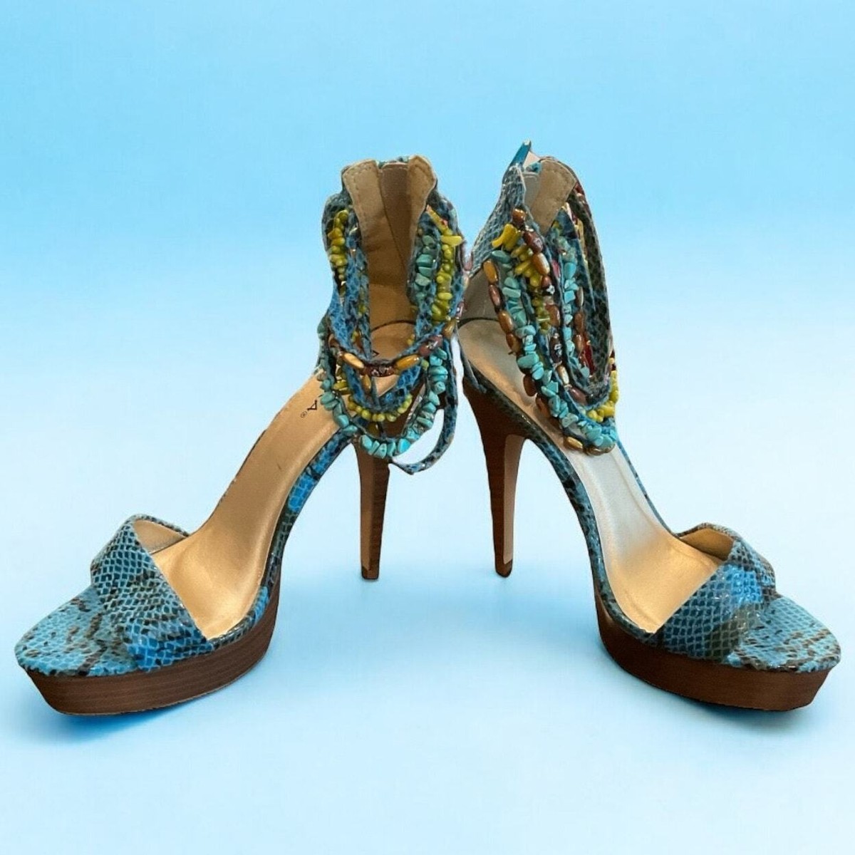 Paprika Blue Snake Skin Bead Strap Platform Sandals Womans