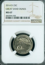 2014 D GREAT SAND DUNES QUARTER NGC MS67 PQ 2ND FINEST GRADE *