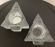 Vtg Indiana Glass Christmas Tree Votive Candle Holders Clear 2pc Holiday Set USA