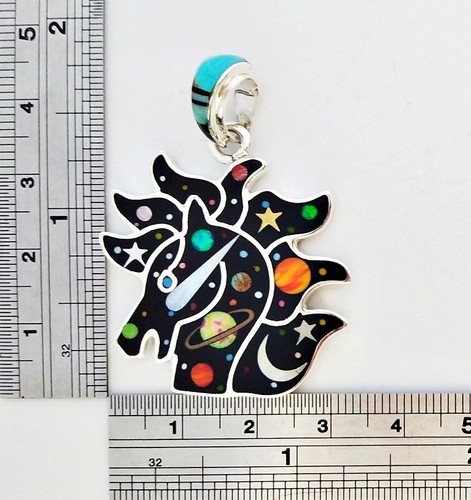 2 IN 1 CELESTIAL TURQUOISE SPINY ONYX PEARL OPAL INLAY .925 SILVER HORSE PENDANT - Picture 4 of 4