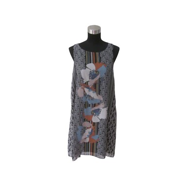 MAX STUDIO Black w/ Blue & Mauve Oversized Flower Print Sheer Overlay Dress Sz M