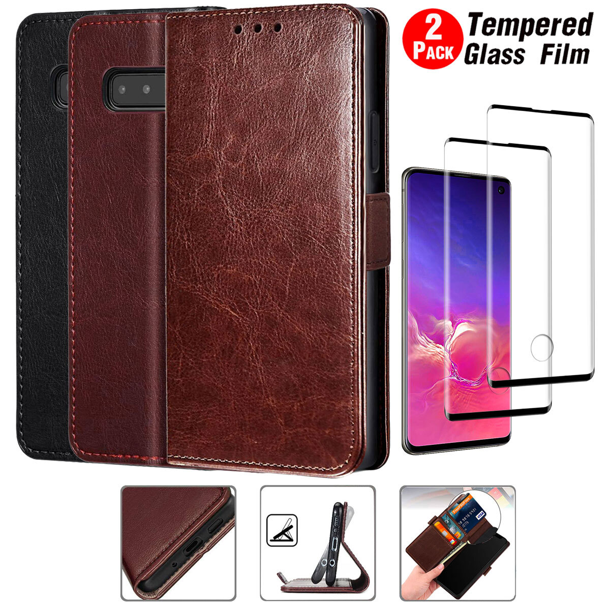 For Samsung Galaxy S10 Plus/S10/S10E Leather Wallet Case Cover Tempered  Glass